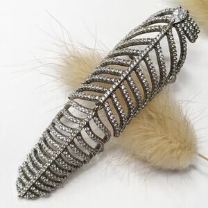 Vintage Pave Crystal Knuckle Full Finger Feather Ring 925 Sterling Silver